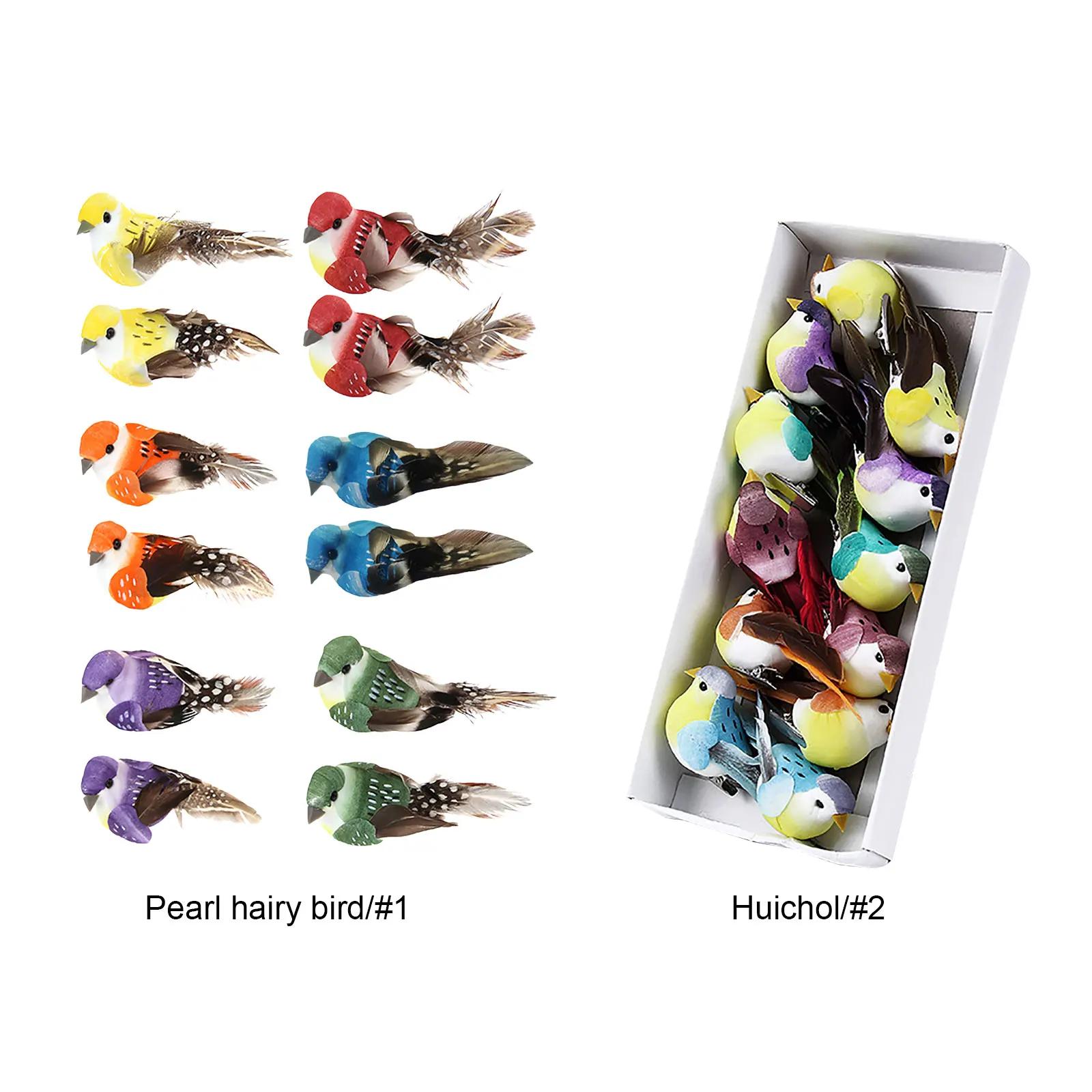 Mini Artificial Foam Bird 12pcs Colourful Artificial Birds Garden Bird Ornaments Mini Sparrow Clip on Ornaments for DIY Crafts