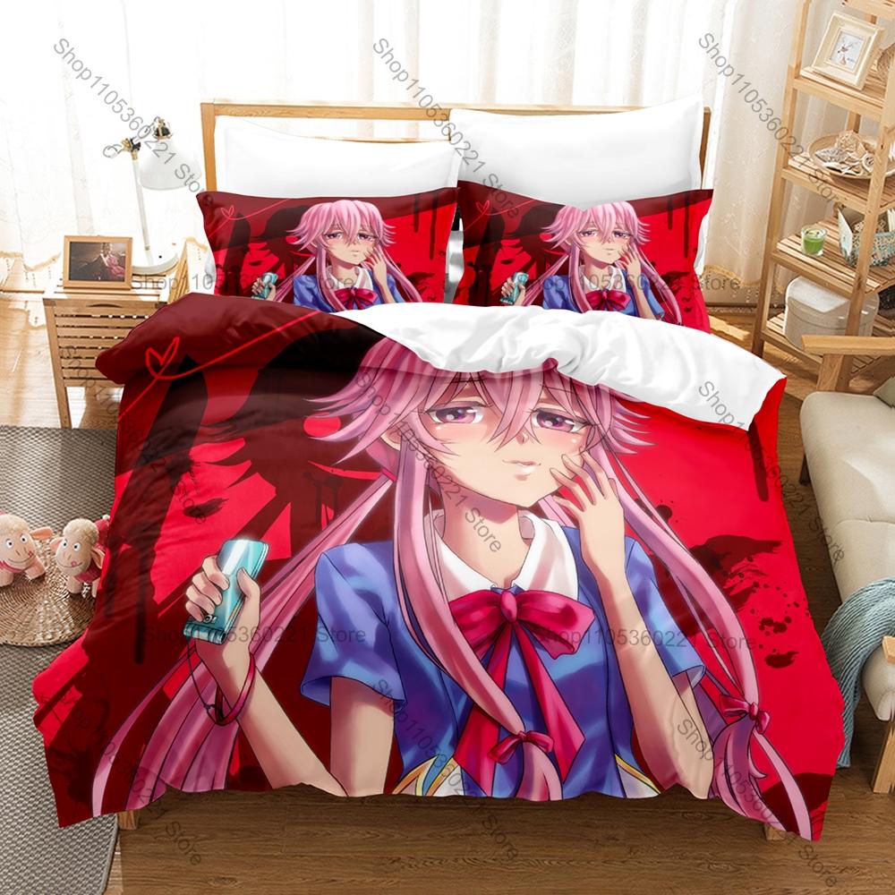 Cool Mirai Nikki Yuno Gasai Bedding Set 3 Piece Breathable Duvet Cover Set for Kpop Fans Gift Bedroom Decoration