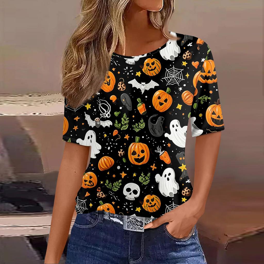Women's Casual Short Sleeve Pullover Top Halloween Pumpkin Ghost Bat Print Round Neck Loose Fit Shirt for Autumn