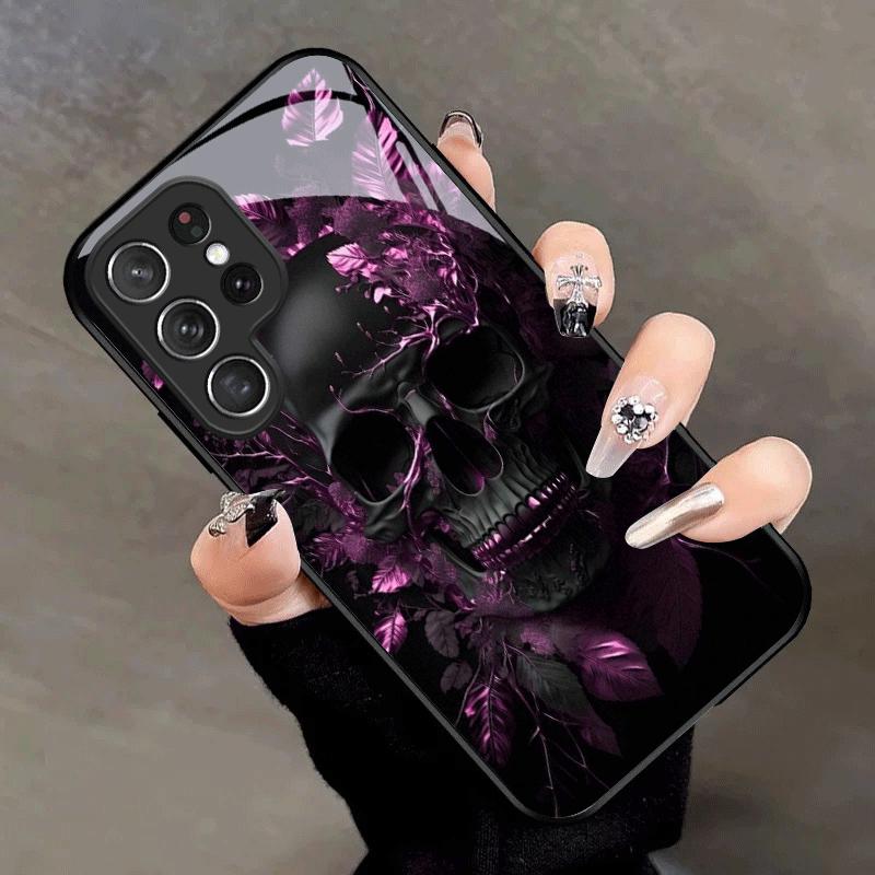 Purple Leaf Skull Pattern Glass Phone Case Suitable for Samsung Galaxy S26 S25 S24 S22 S21 S20FE/Ultra/Plus Anti Drop Back Cover