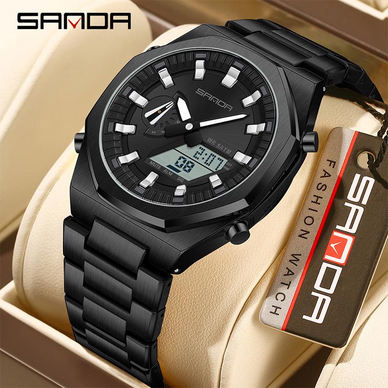 Sanda Men's Multifunctional Dual Display Watch with Countdown, Alarm, Daylight Saving, and Waterproof Features