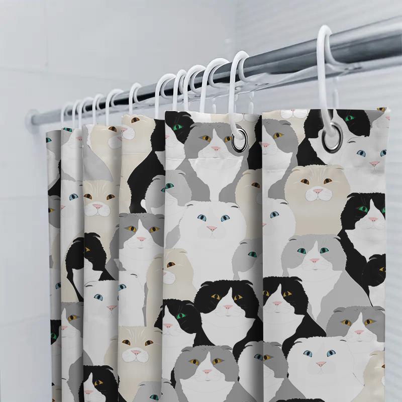Black White Grey Cats Shower Curtain Cute Animal Pattern Bathroom Decor Waterproof Fabric Bath Rug Set For Home Decoration