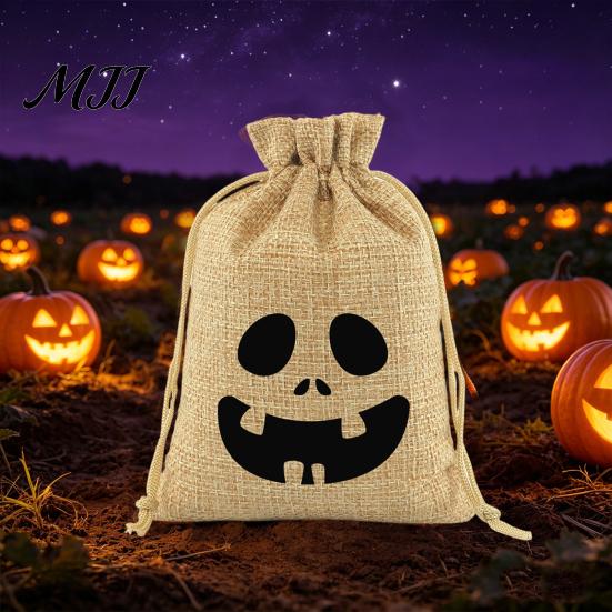 Fabric Candy Containers 2 Pcs Halloween Burlap Gift Bags with Drawstring, Trick or Treat Festival Event Goodie Pouch, Reusable Goodies Bag for