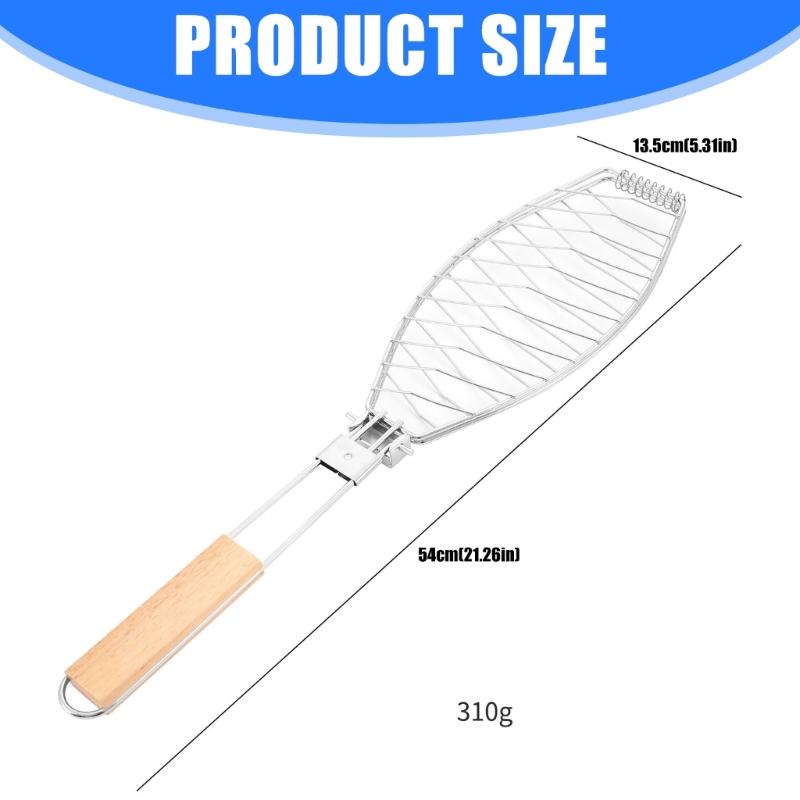 Pinza BBQ Pieghevole in Acciaio Manico in Legno Antiscivolo Meccanismo di Blocco Sicuro Cestello da Griglia Ideale per Verdure Pesce Arrosto
