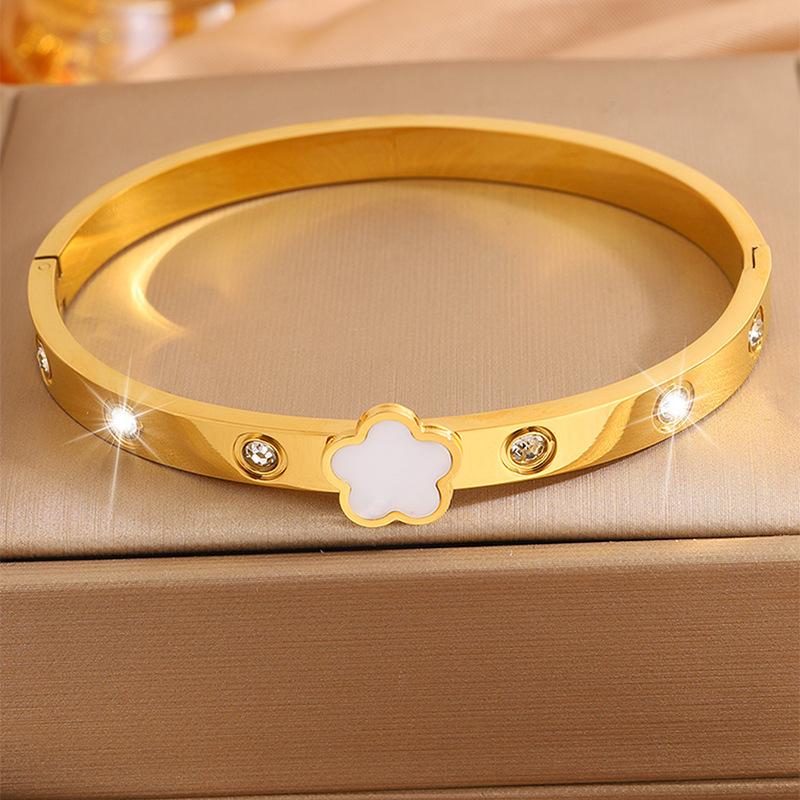 

ZAKOL Браслет из нержавеющей стали с римскими цифрами, ракушкой и цветком с пятью лепестками для женщин, классический клевер, цветок сливы, золотого цвета, для вечеринок, с цирконием