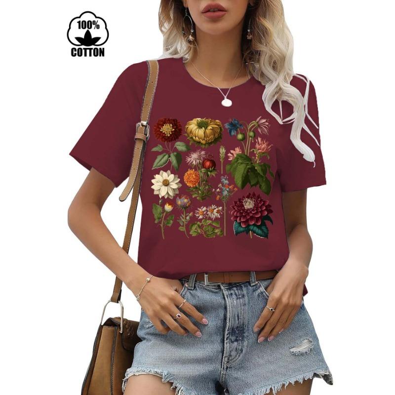 Floral Print Casual T-shirt 100% Polyester Short Sleeve round Neck Women's Graphic Top Aesthetic Summer Fashion