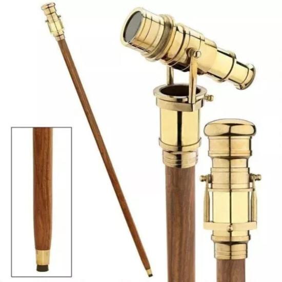Vintage Brass Telescope Head Handle Victorian Style Wooden Walking Stick Cane