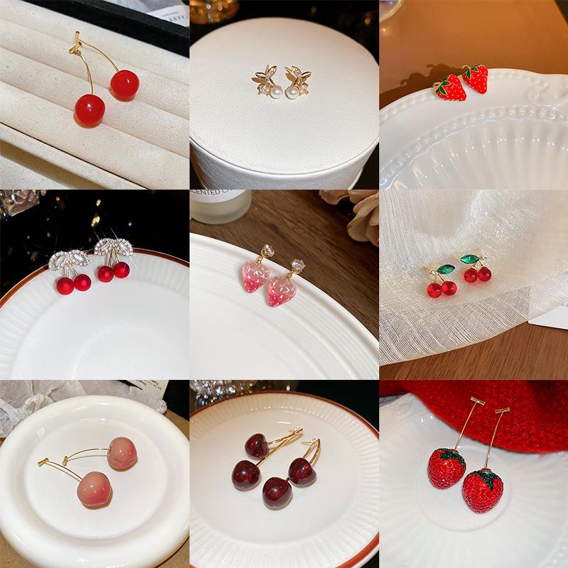 Sterling Silver Needle Earrings: Summer Sweet Strawberry, Cherry & Grape - Cute, Fresh, Versatile Ear Accessories