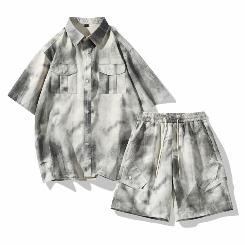 

Imitation Denim Short-sleeved Shirt Set Men s Summer Casual Beach Sportswear 2-piece Suit 2XL чорний
