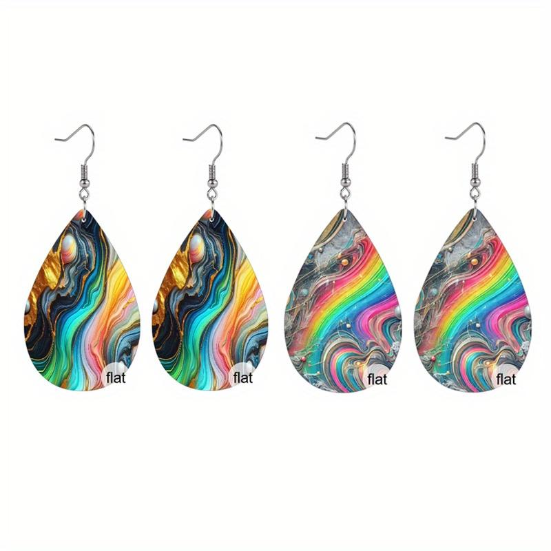Colorful Fashion Water Drop PU Leather Earrings For Women Creative Gradient Marble Pattern Teardrop Earrings Elegant Atmospheric Earrings