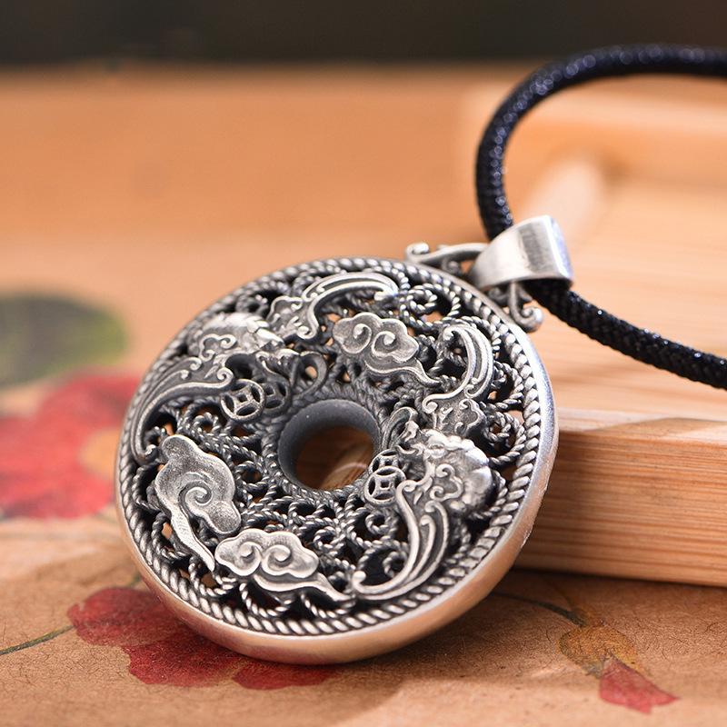 Sterling Silver S999 Unisex Auspicious Cloud & Bat Necklace - Retro Good Luck Peace Buckle Pendant.