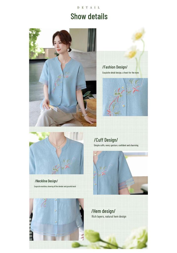 Stylish Embroidered Summer Top for Middle-Aged and Elderly Women