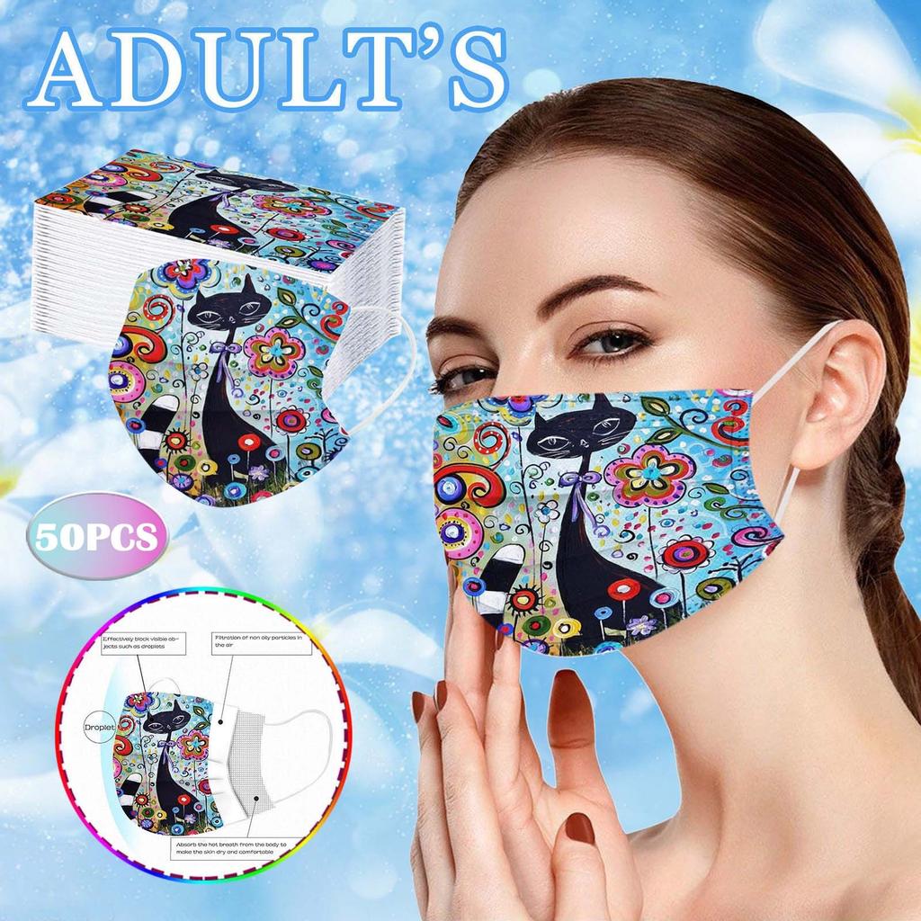 50PC Adult Flowers Cat Cartoons Printing Three-Layer Disposable Protective Mask