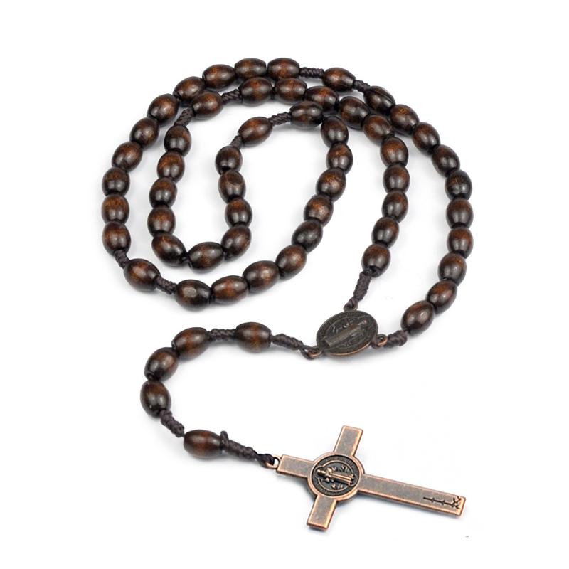 Auto-Hängeornament Handgefertigte Rosenkranz-Halskette Holz Religiöse Holzperlen-Halskette Sanfter Kruzifix-Anhänger Kette
