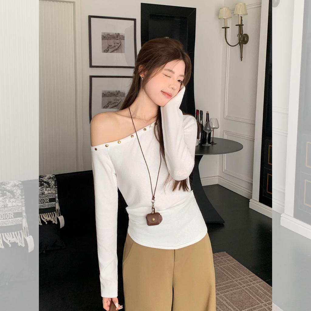 Casual High-waisted Trousers Women's Inner One-word Diagonal Neck Off-the-shoulder Long-sleeved T-shirt Autumn and Winter New Bottoming Shirt Top