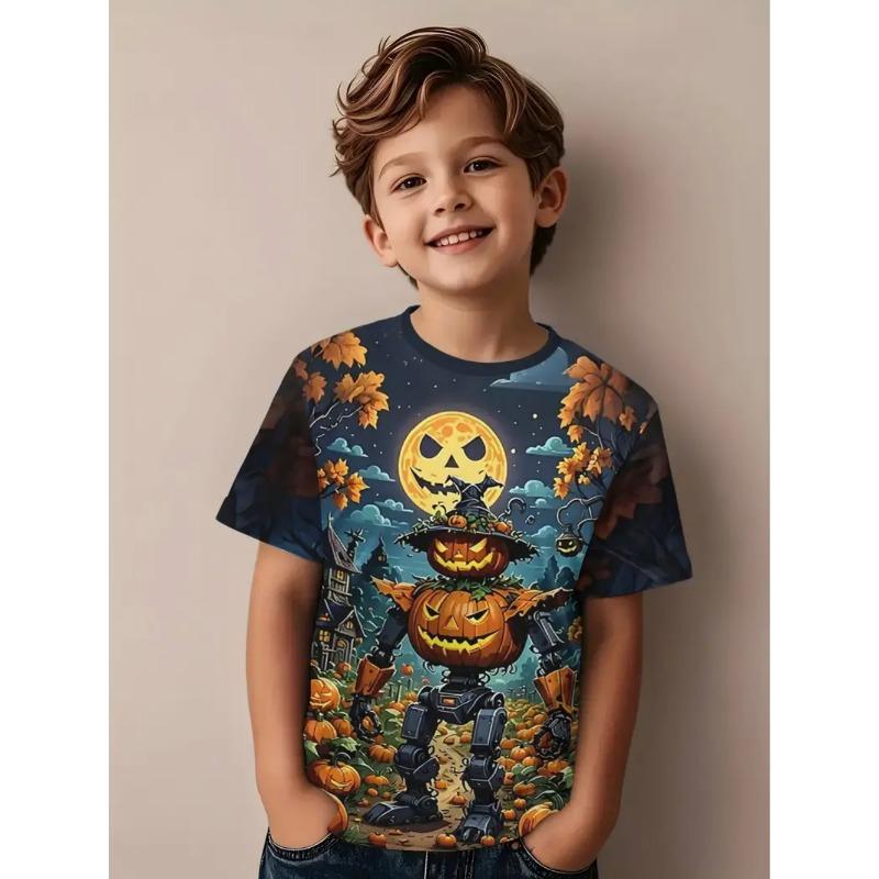 Halloween Boy's T-Shirt Pumpkin Pattern Summer Short Sleeves Skull Fashion Print Kids Tops 2-10y Party Gift Children's Clothing