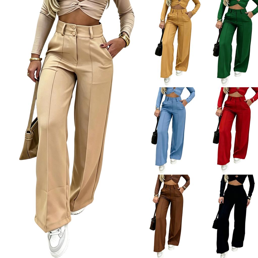 Women’s Fashion Casual Loose Fit Double Breasted Straight Wide Leg Long Pants Trousers for Everyday Office Wear