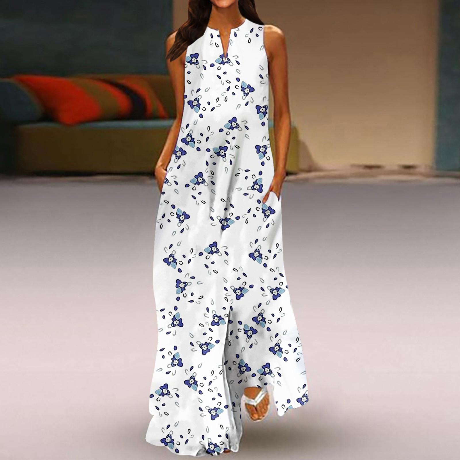 

Women s New Spring And Summer Fashion V-neck Color Printing Sleeveless Long Dress S