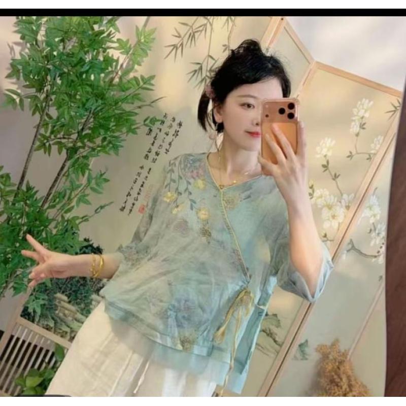 New Chinese style national style shirt women's new foreign style top diagonal placket is thin