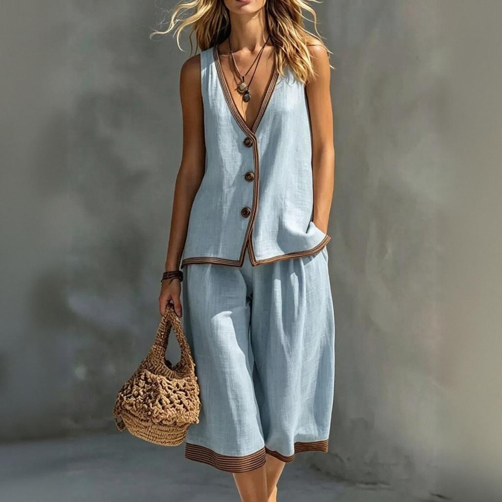 Women Sleeveless Button Front Vest Top and Loose Fit Wide Leg Pants Two Piece Set Casual Linen Blend Summer Outfit