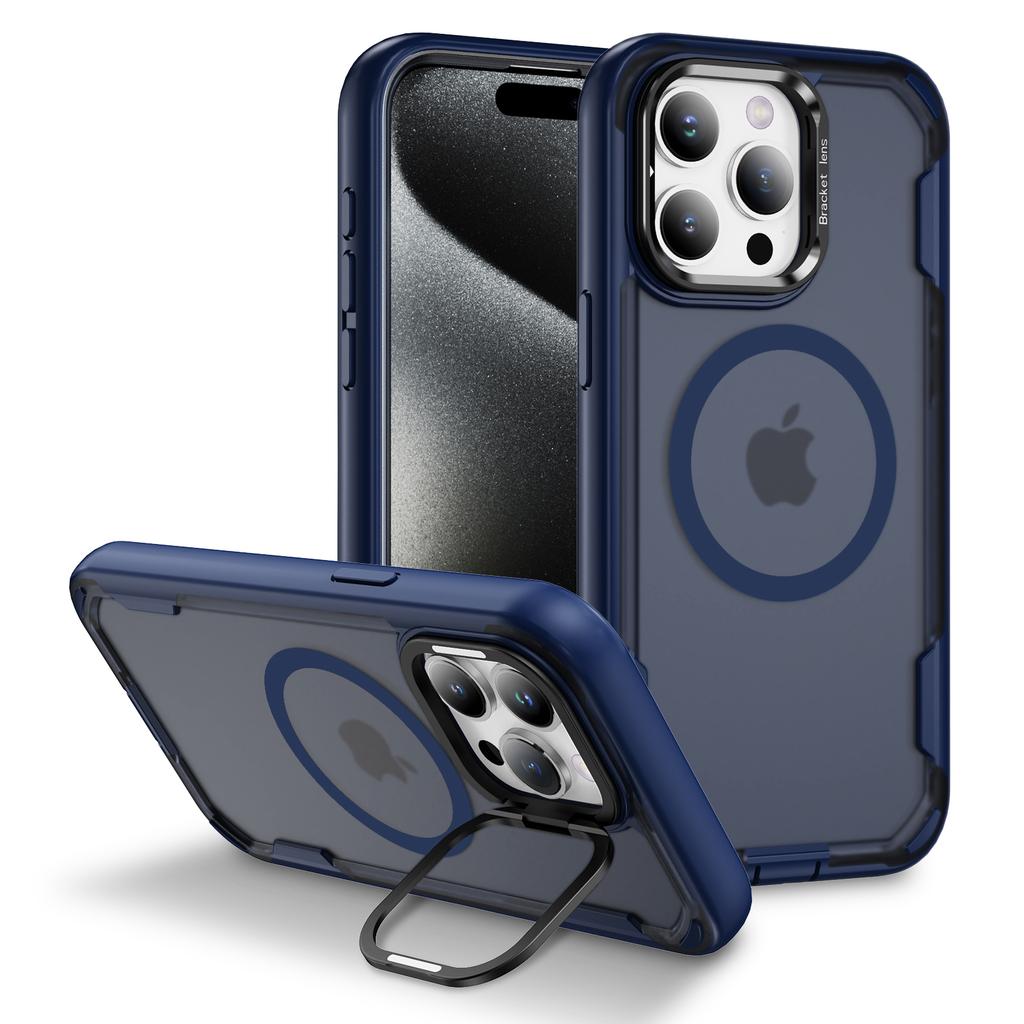 For iPhone 15 Pro Case Compatible with MagSafe Lens Frame Kickstand TPU+PC Shockproof Phone Cover