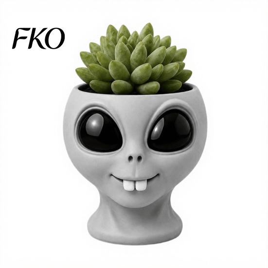 Office Desk Planter Funny Alien Face Planter, 3D Printed Novelty Plant Pot, Cute Gray Cactus Pot Head for Succulents Cacti Home Table Shelf