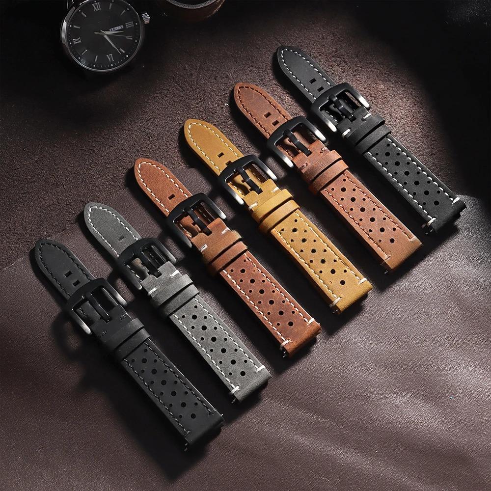 Vintage Handmade Watch Strap 18mm 19mm 20mm 21mm 22mm 24mm Racing Leather Strap Gray Black Brown Breathable Porous Watchbands