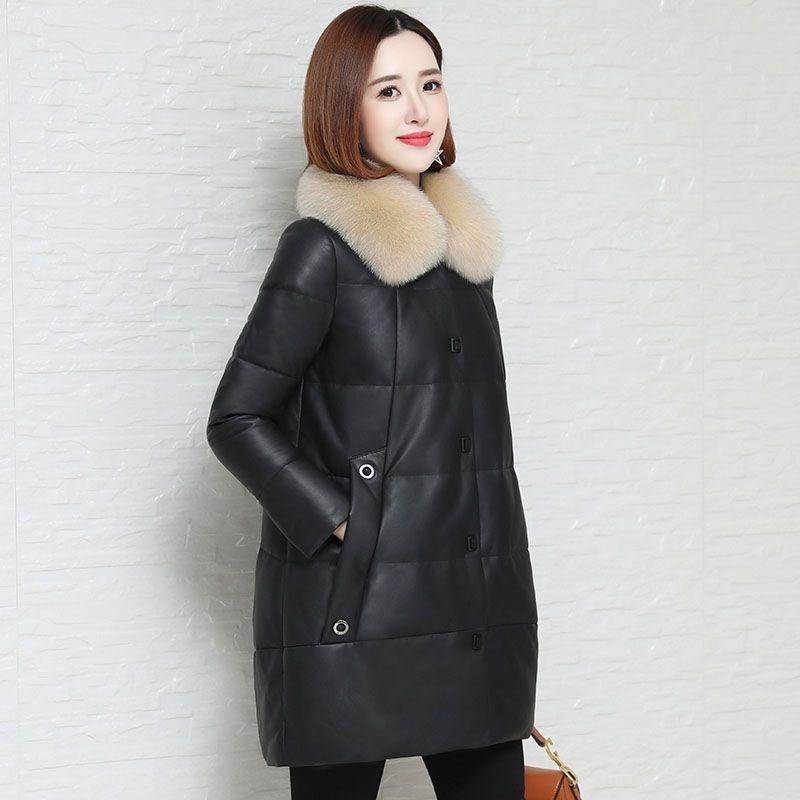 Cotton Jacket Women's Loose Autumn and Winter New Large Fur Collar Leather Jacket Large Size Thickened Cotton Jacket Medium and Long