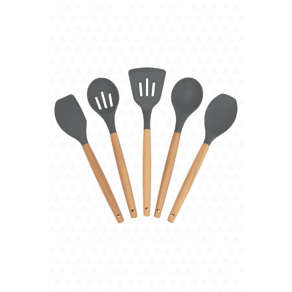 Lingo 5-teiliges Küchen- und Kochutensilien-Set aus Silikon mit Bambusgriff, Grau
