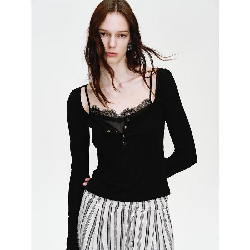 

Deconstructed Two-Piece Lace Camisole & Long Sleeve T-Shirt Set L