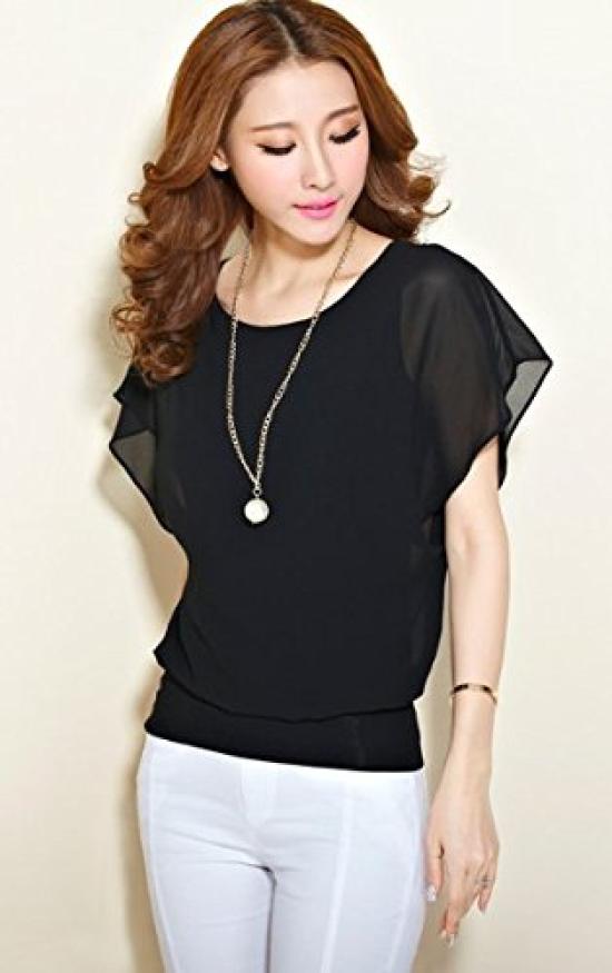 Chiffonbluse für Cut und Kurz Ausgestellt Groß 5 XL [DauStage] Damen, Genäht, Ärmel, Hemd, Größe, Farben, Schwarz,