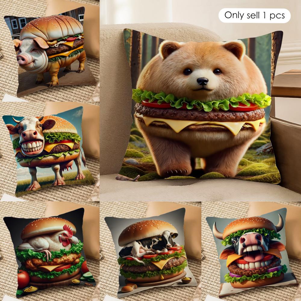 Fun Animal Burgers MEME Cushion Cover Silky Short Plush Invisible Zipper Dustproof Sofa Pillow Case For Home Decor