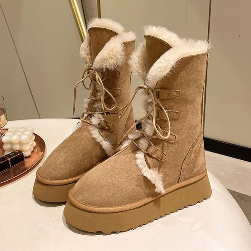 Mode Luxus Winter Damen Lang Plüsch Warm Schneestiefel Freizeitschuhe Neu Wildleder Fell Chelsea Stiefeletten Flats Plateau Damen Dicke Schuhe