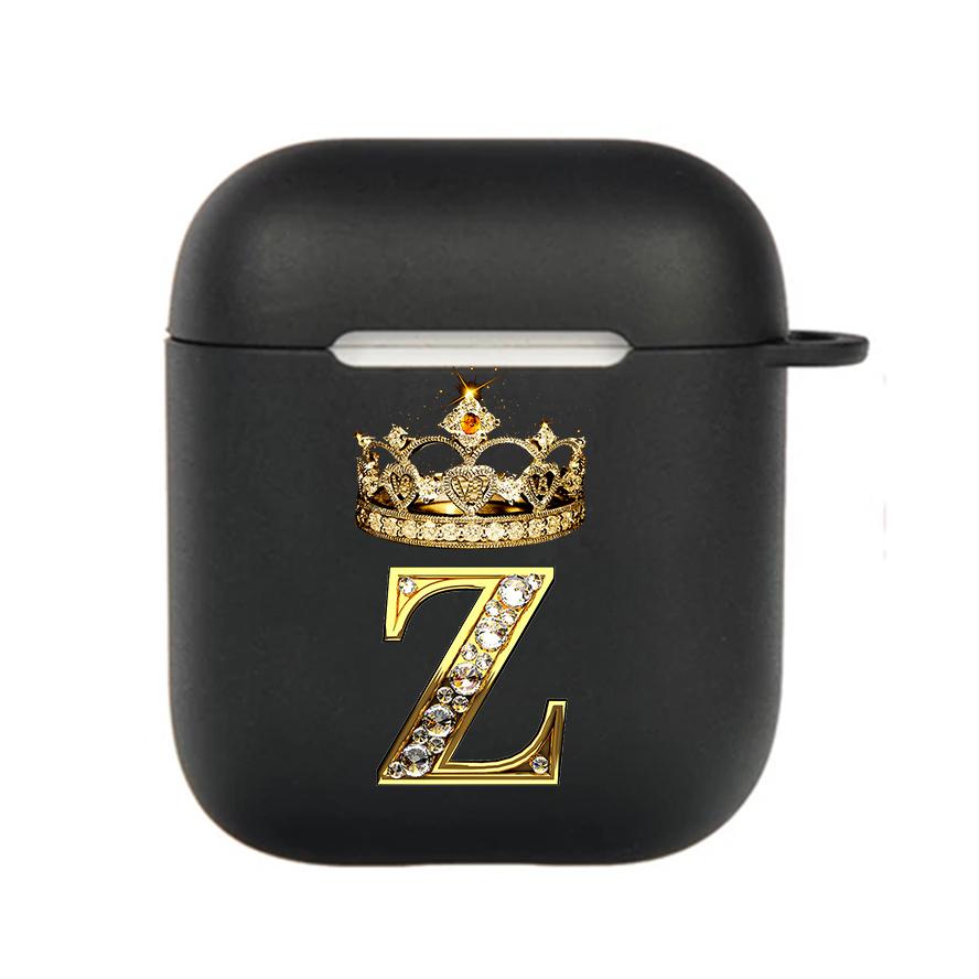 Diamond Crown Letter 26 With Hook Case For AirPods 2 3 1 Cases For Apple AirPods Pro 2 Coque Black TPU Soft Earphone Cover