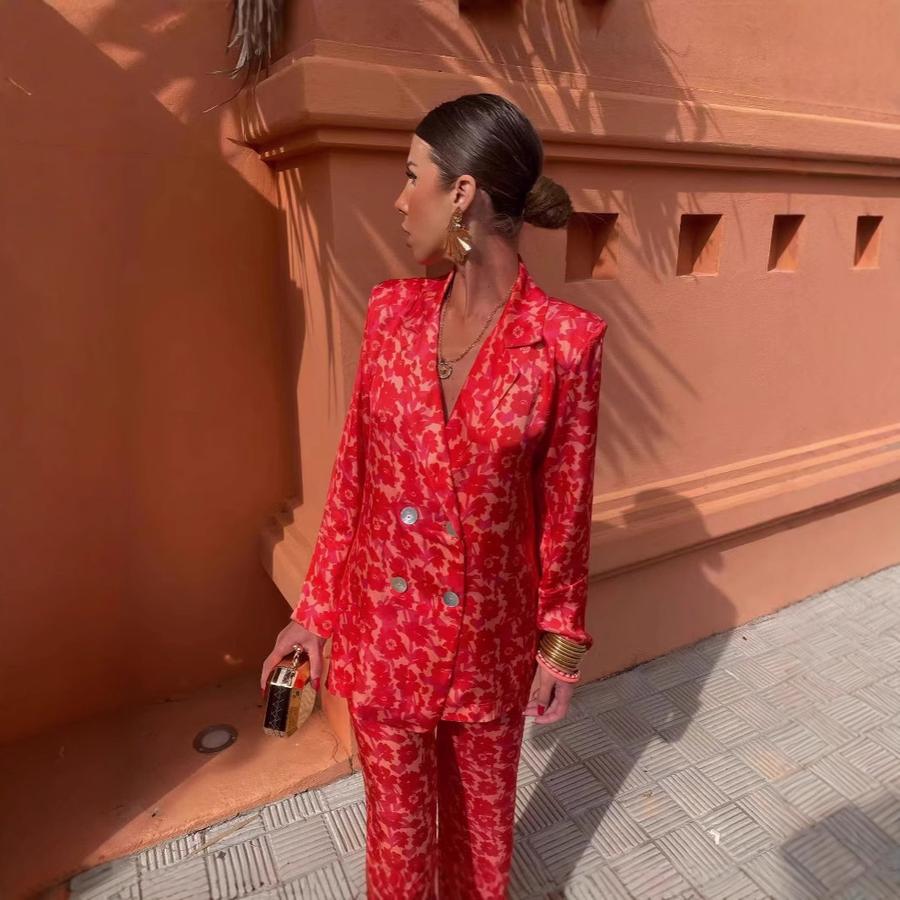 Spring V-Neck Long Sleeve High Waist Loose Wide Leg Pants Two Piece Set Fashion Suit Jacket