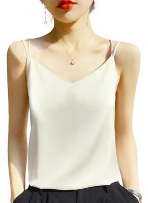 Satin Sexy Top for Women A-fua Camisole, Show-Off Cami, Cupless, Glossy, Smooth, Silk-Like, Beautiful, Cross-Back, (Champagne White, XL)