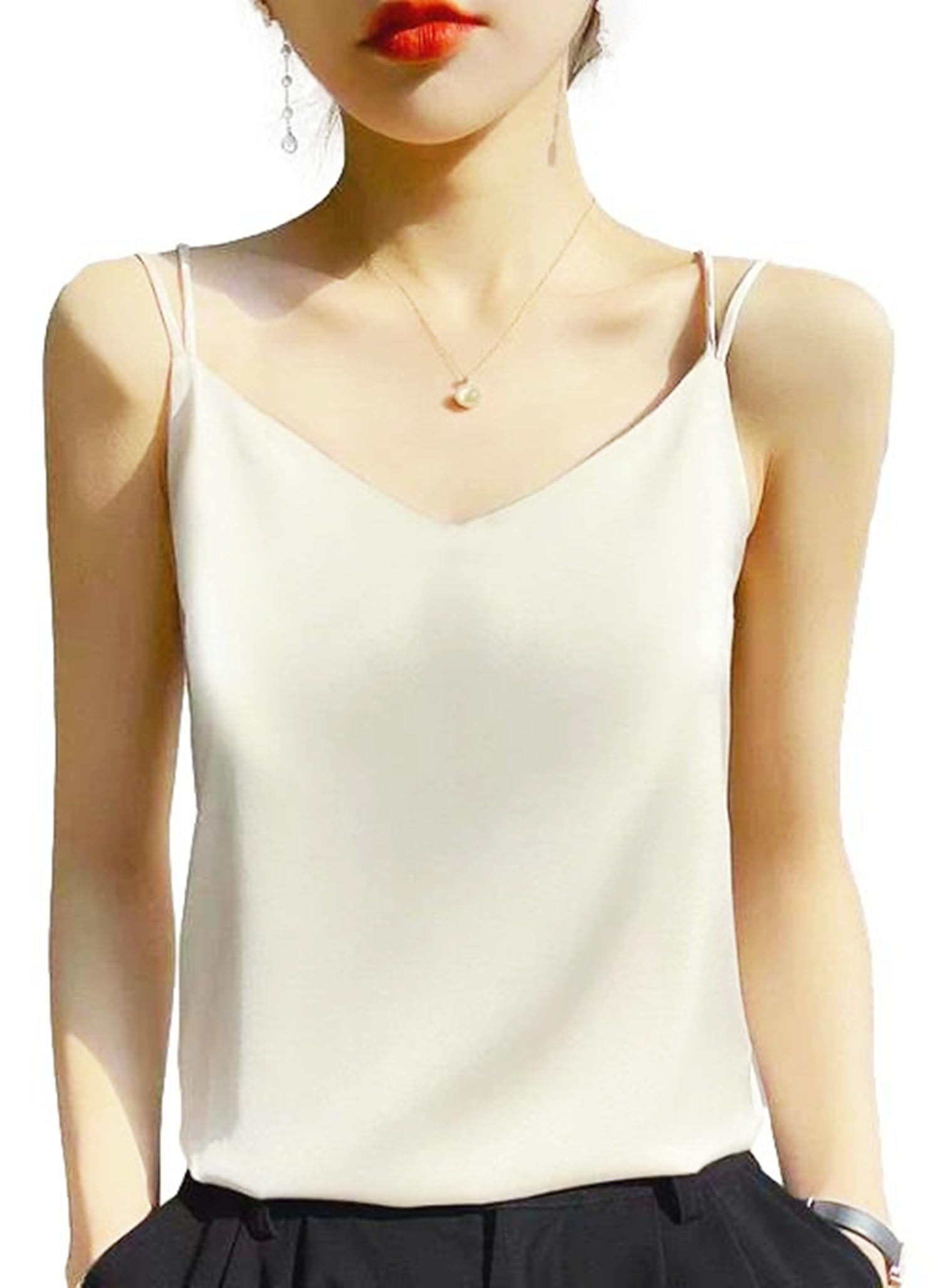 

Satin Sexy Top for Women a-fua Camisole, Show-Off Cami, Cupless, Glossy, Smooth, Silk-Like, Beautiful, Cross-Back, (Champagne White, XL)