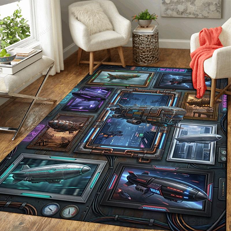 Steampunk Airship Gallery Pattern Rug Floor Mat for Living Room or Bedroom Soft and Comfortable Carpet a Gift for Birthday and Holiday.