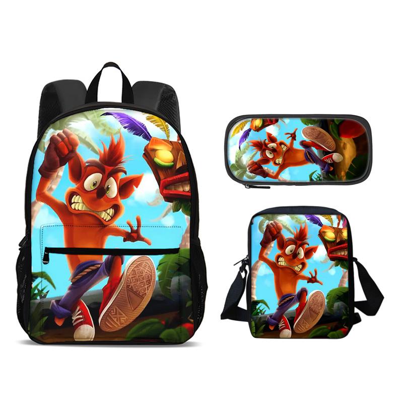 Crash Bandicoot backpack, pencil case, shoulder bag, 3Pcs Set, cartoon print, best school outdoor travel companion for students