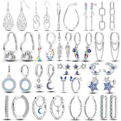 925 Silver Love Feather Moon Star Heart Earrings Fit Original Charms Hoop for Women Girls Stud Earring Jewelry Gifts