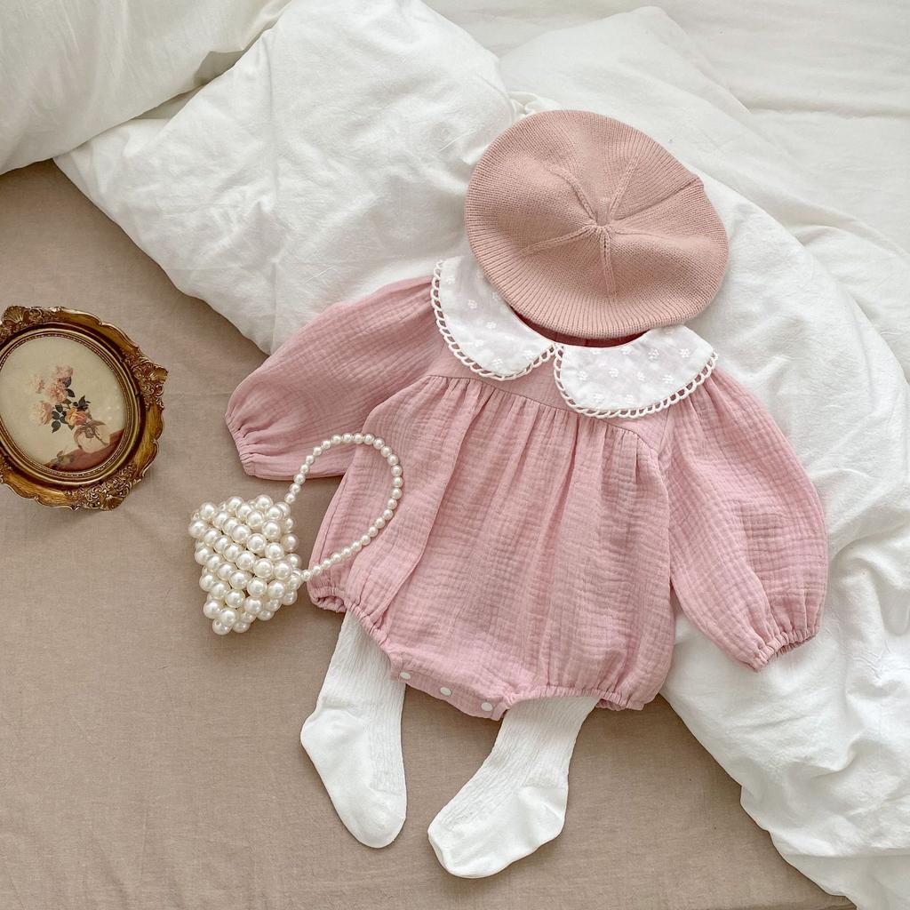 Baby Girl Solid Long Sleeve Romper with Peter Pan Collar for Spring Autumn