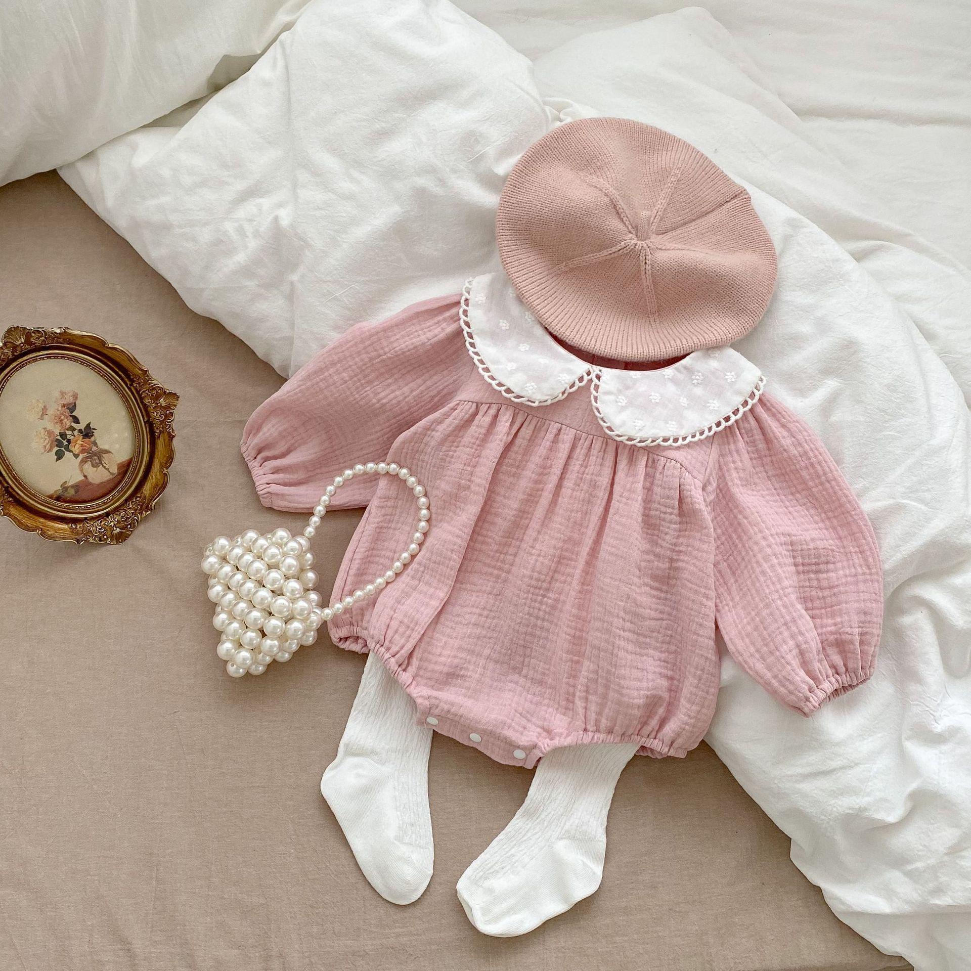 Baby Girl Solid Long Sleeve Romper with Peter Pan Collar for Spring Autumn 66 розовый