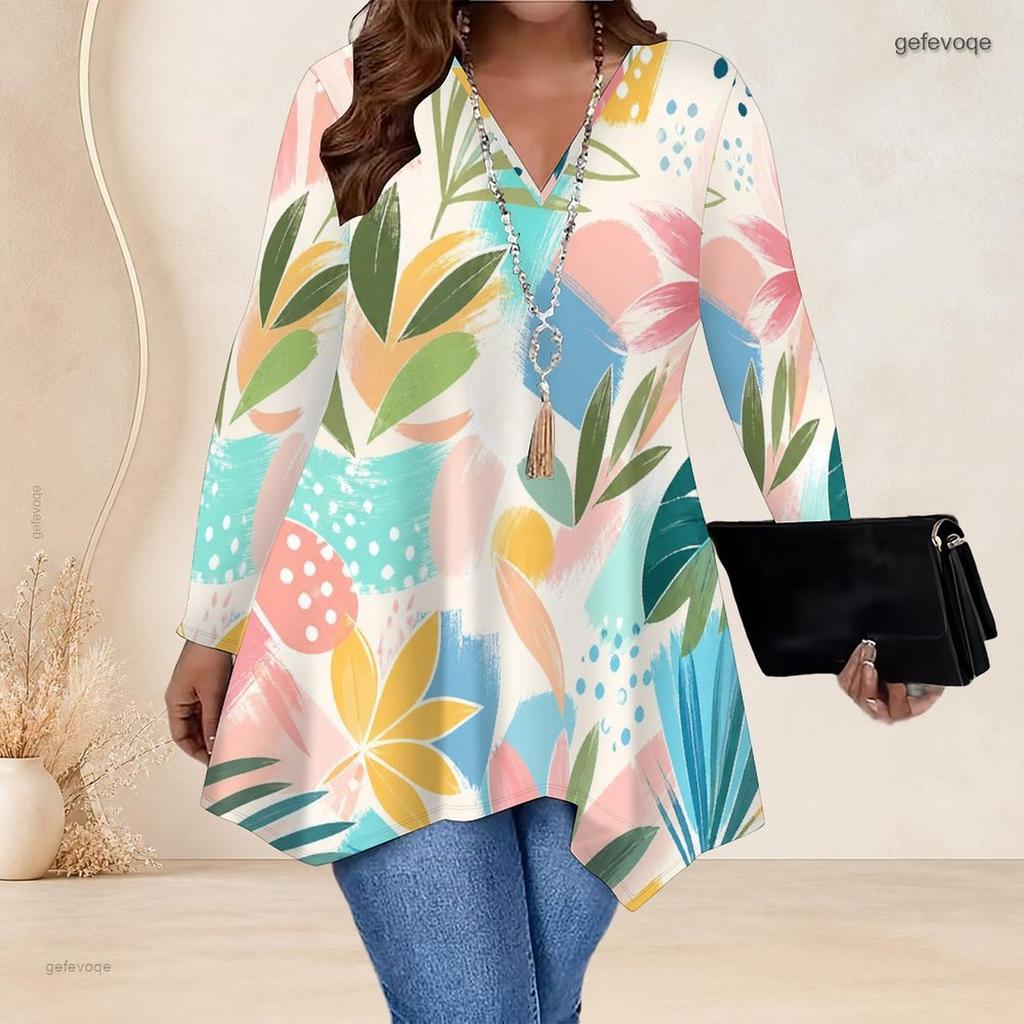 Women Plus Size V Neck Long Sleeve Colorful Printed Asymmetric Hem Flared Tunic Top