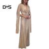 Kvinner aftenkjole Delte ermer Dyp V-hals Skinnende paljett Slim Fit Tight midjeknute Plissert Full lengde Ensfarget Lady Ball Bankett Maxikjole