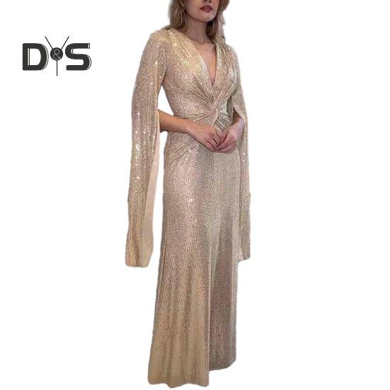 Kvinner aftenkjole Delte ermer Dyp V-hals Skinnende paljett Slim Fit Tight midjeknute Plissert Full lengde Ensfarget Lady Ball Bankett Maxikjole