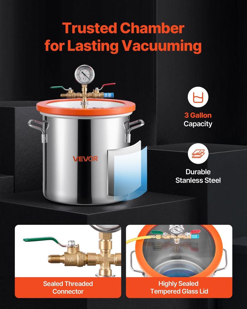 11.36 L Vacuum Chamber with Pump, 3.5 CFM 99 L/min, Single Stage Vacuum Pump, Stainless Steel Degassing Chamber Kit, Tempered Glass Lid, 1.5 M Hose,