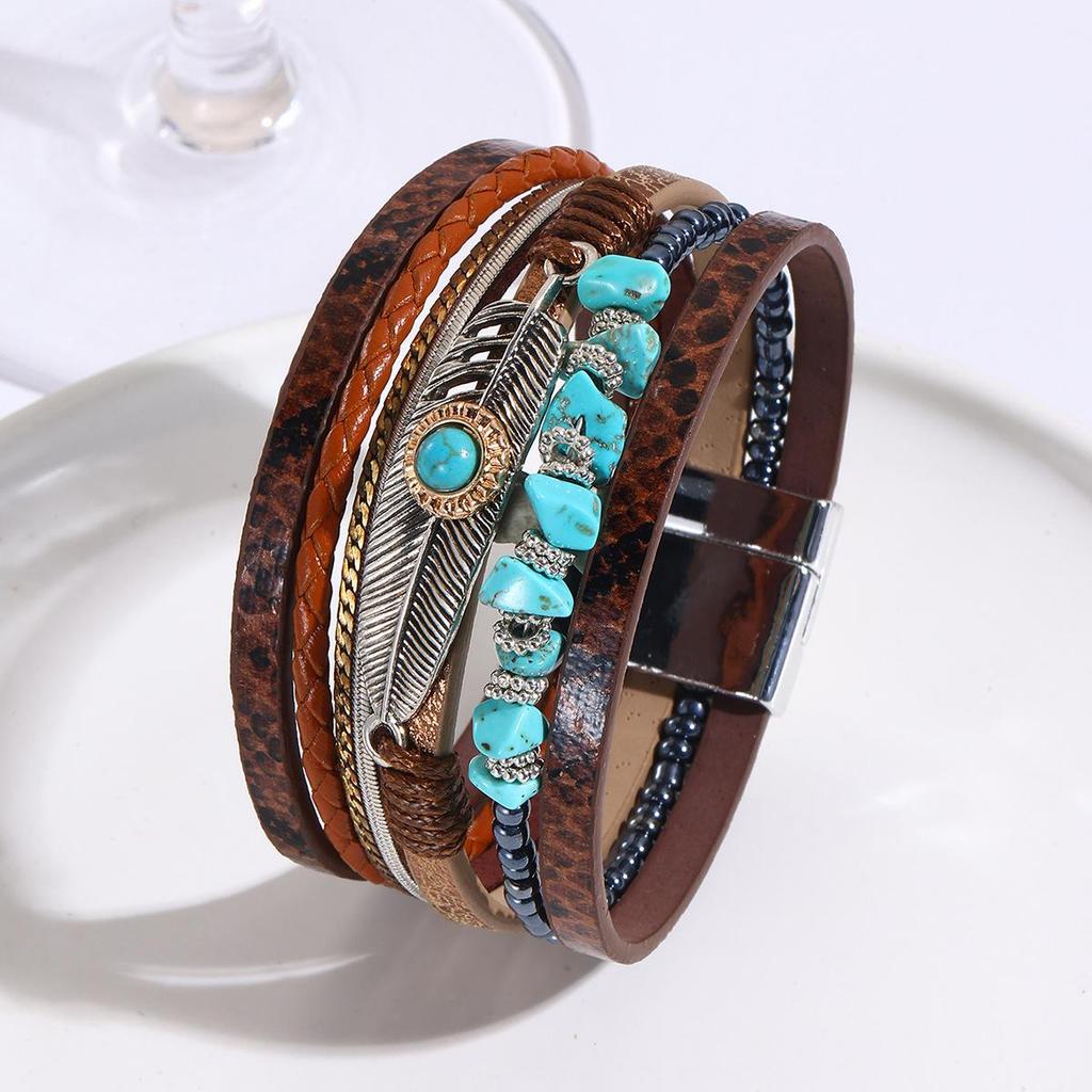 Bohemian Style Crushed Stone Feather Leather Bracelet with Vintage Turquoise and Magnetic Clasp