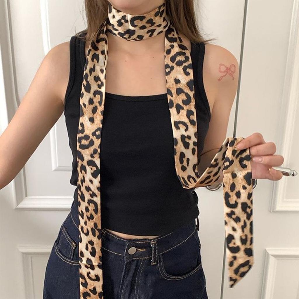 Leopard Print Narrow Silk Scarf for Women Girls Short Necktie Scarf Fashionable and Versatile Accessory for Any Outfit