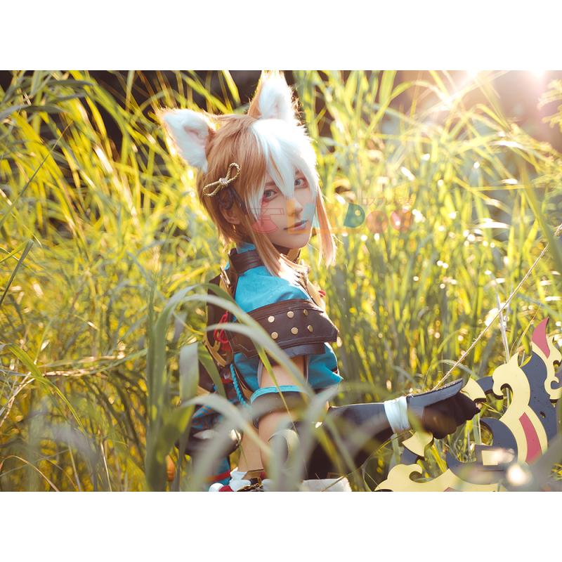 Lardoo Games Gorou Cosplay Costume Men Blue Fox Boy Costume Halloween Pants Tail Full Set