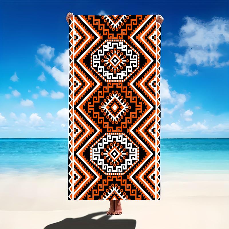 Orange Black Tribal Geometric Pattern Beach Towel Aztec Style Large Soft Microfiber Bath Blanket For Men Women